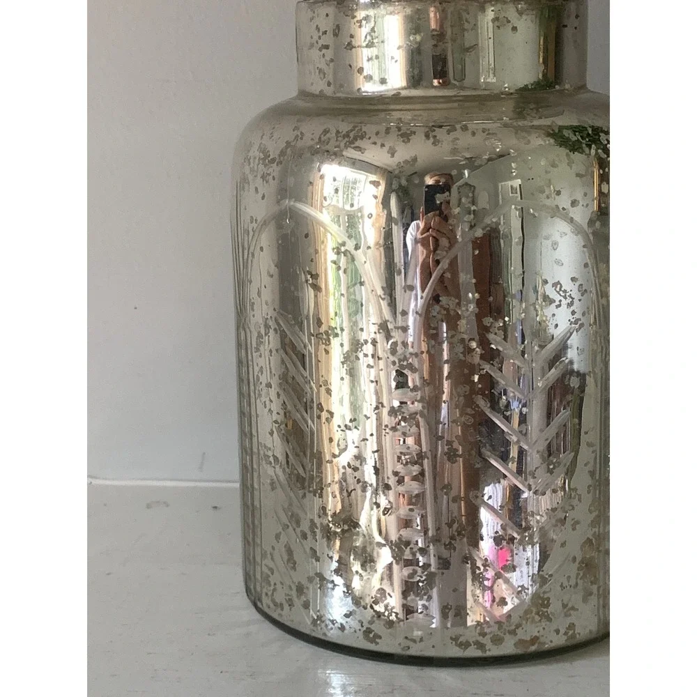 Vintage Mercury Glass Apothecary Jar Etched Silver Canister Metal Flower Lid 11